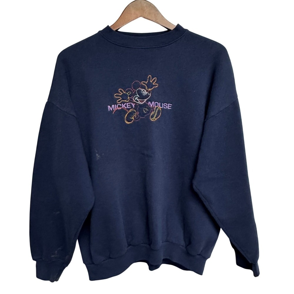 VTG Mickey Mouse Sweatshirt XL Navy Fade Embroidered Disney Distressed Well Worn